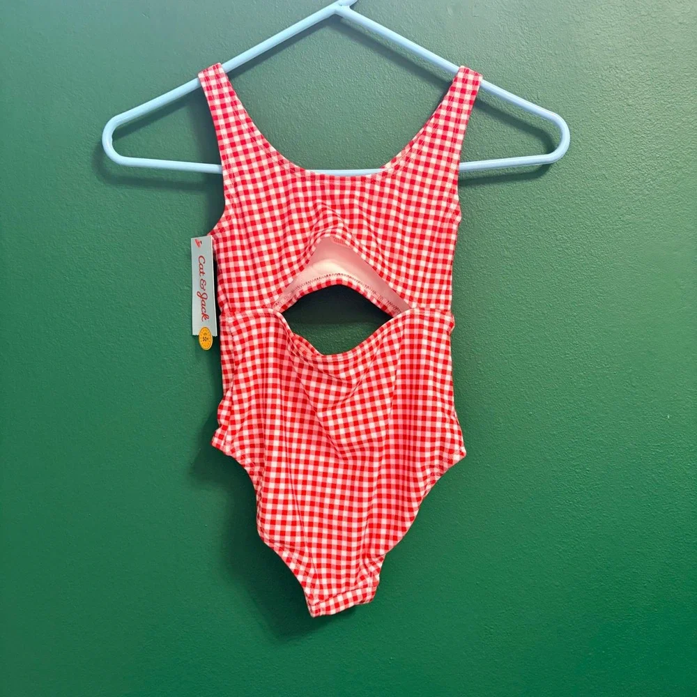 Cat & Jack Red Gingham Americana 1pc Cutout Swim Bathing Suit Small 6/7 NEW NWT